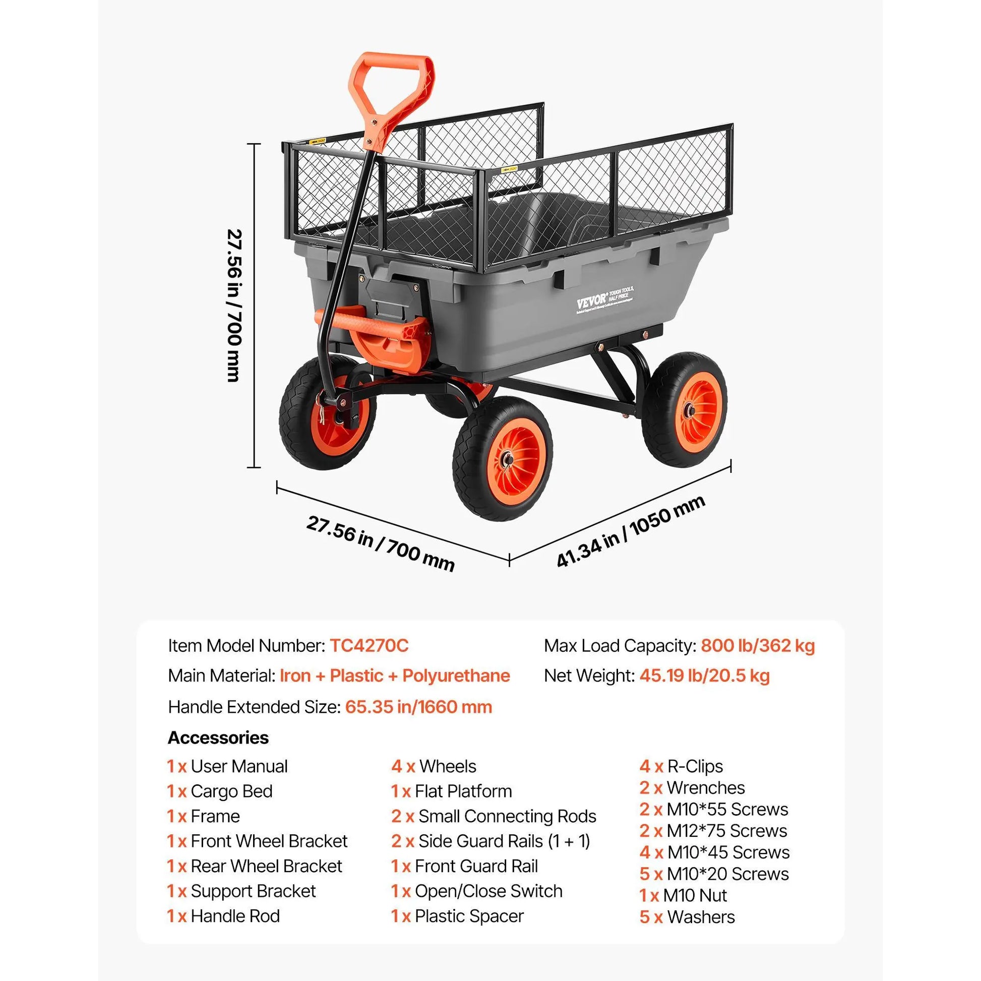 VEVOR Poly Garden Dump Cart with Easy to Assemble Steel Frame, 2-In-1 Convertible Handle, 13 Inch Tires, Max Capacity 1500 Lbs, Utility Wheelbarrow Productivity Yard
