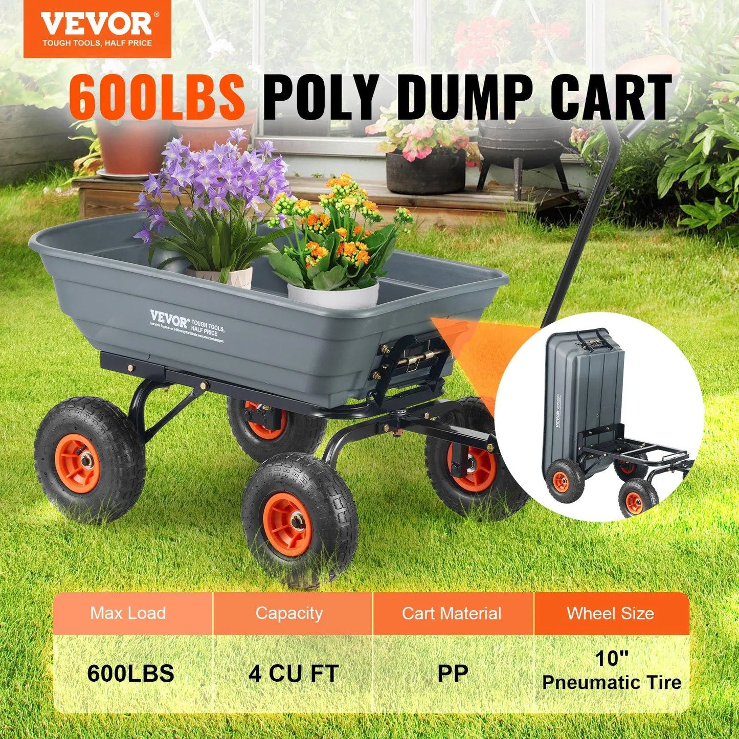 VEVOR Poly Garden Dump Cart with Easy to Assemble Steel Frame, 2-In-1 Convertible Handle, 13 Inch Tires, Max Capacity 1500 Lbs, Utility Wheelbarrow Productivity Yard