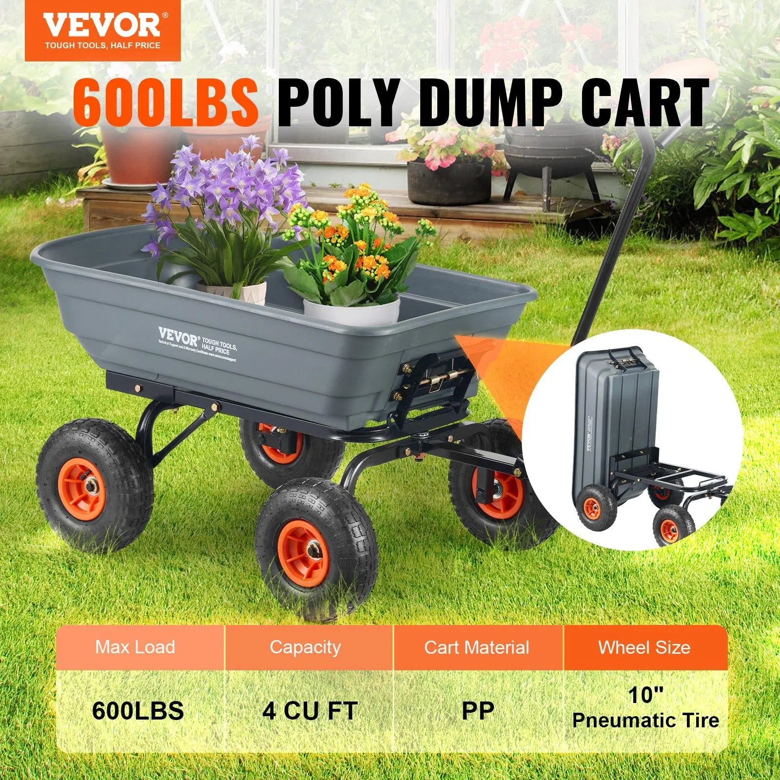 VEVOR Poly Garden Dump Cart with Easy to Assemble Steel Frame, 2-In-1 Convertible Handle, 13 Inch Tires, Max Capacity 1500 Lbs, Utility Wheelbarrow Productivity Yard
