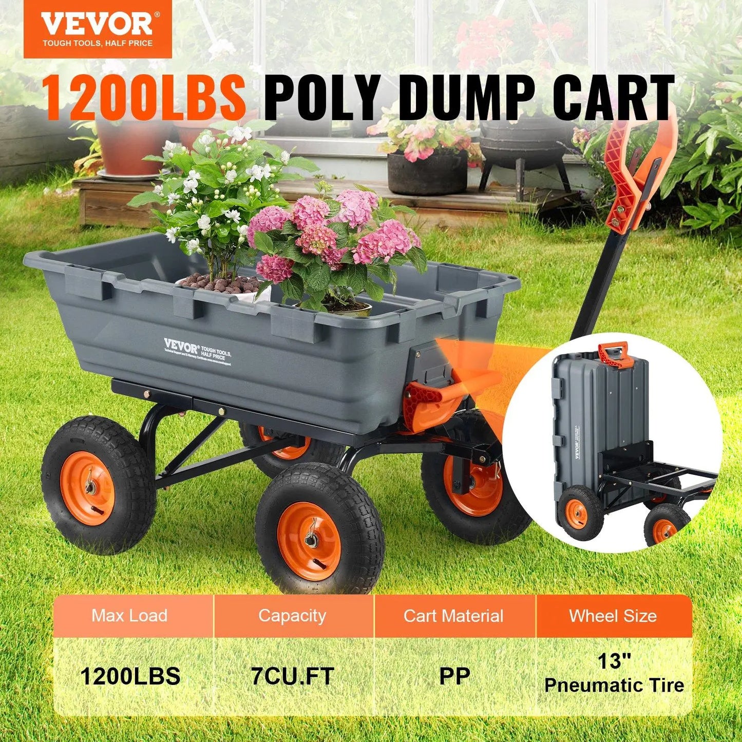 VEVOR Poly Garden Dump Cart with Easy to Assemble Steel Frame, 2-In-1 Convertible Handle, 13 Inch Tires, Max Capacity 1500 Lbs, Utility Wheelbarrow Productivity Yard