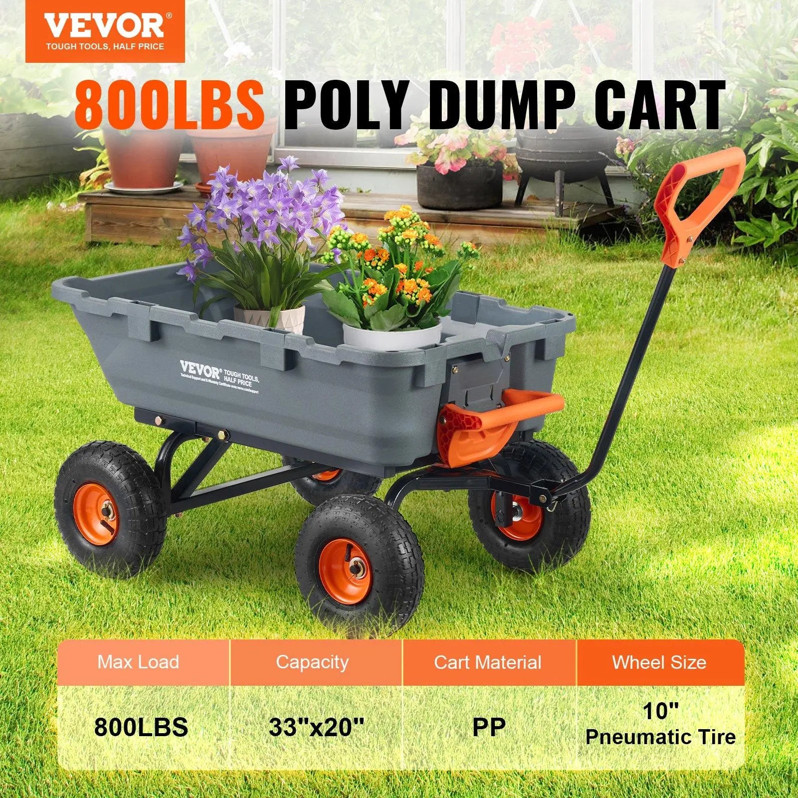 VEVOR Poly Garden Dump Cart with Easy to Assemble Steel Frame, 2-In-1 Convertible Handle, 13 Inch Tires, Max Capacity 1500 Lbs, Utility Wheelbarrow Productivity Yard