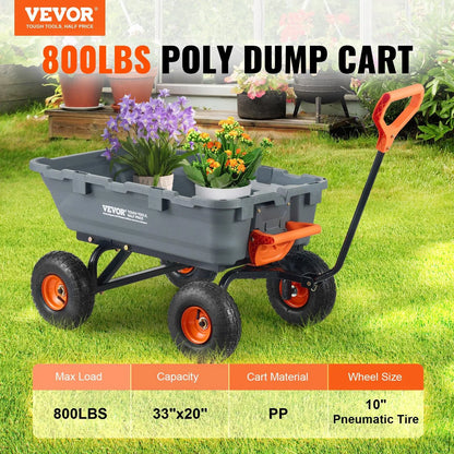VEVOR Poly Garden Dump Cart with Easy to Assemble Steel Frame, 2-In-1 Convertible Handle, 13 Inch Tires, Max Capacity 1500 Lbs, Utility Wheelbarrow Productivity Yard