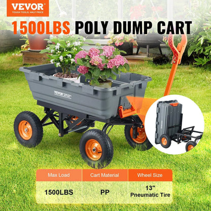 VEVOR Poly Garden Dump Cart with Easy to Assemble Steel Frame, 2-In-1 Convertible Handle, 13 Inch Tires, Max Capacity 1500 Lbs, Utility Wheelbarrow Productivity Yard