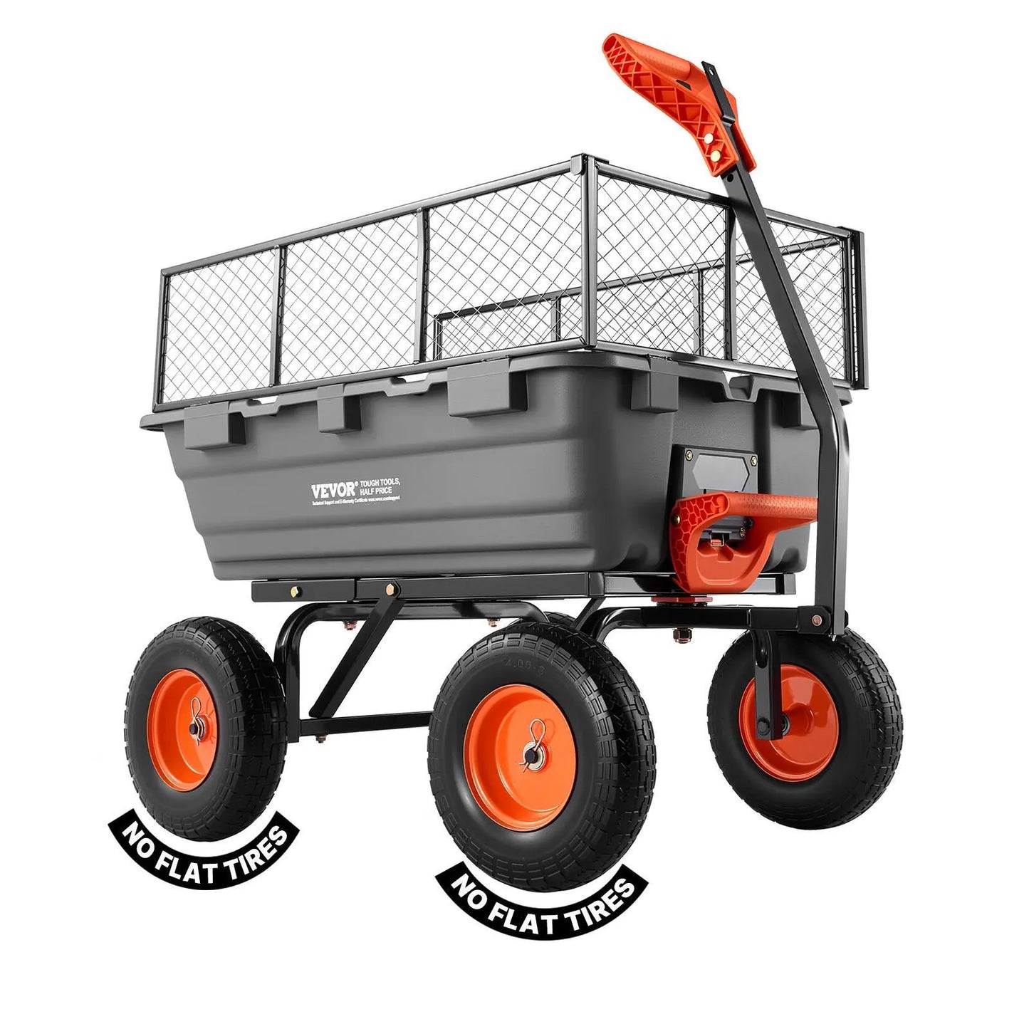 VEVOR Poly Garden Dump Cart with Easy to Assemble Steel Frame, 2-In-1 Convertible Handle, 13 Inch Tires, Max Capacity 1500 Lbs, Utility Wheelbarrow Productivity Yard