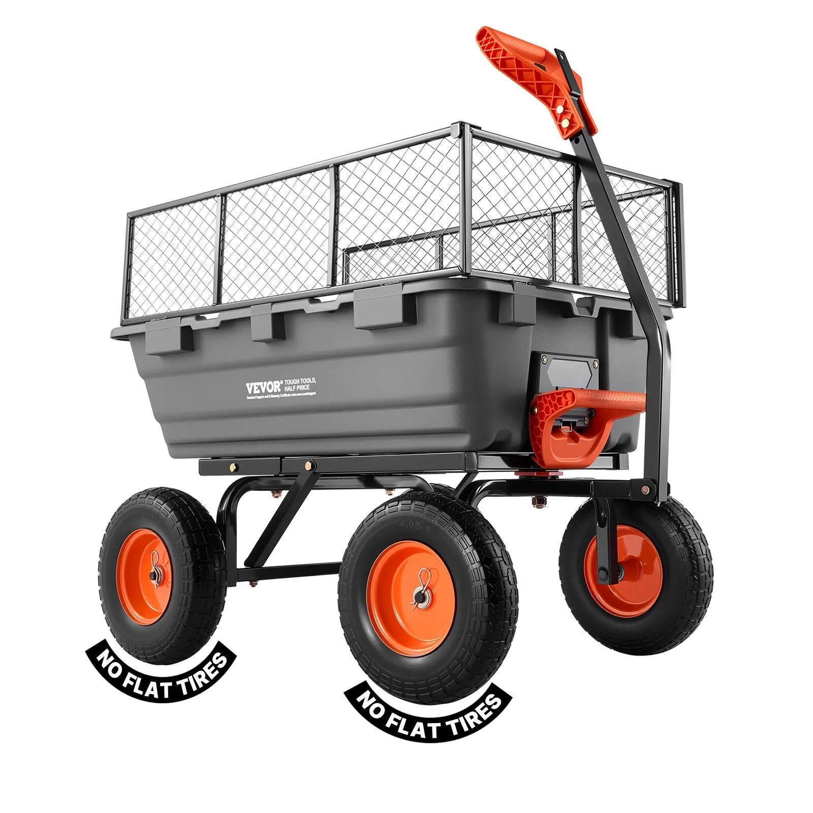 VEVOR Poly Garden Dump Cart with Easy to Assemble Steel Frame, 2-In-1 Convertible Handle, 13 Inch Tires, Max Capacity 1500 Lbs, Utility Wheelbarrow Productivity Yard