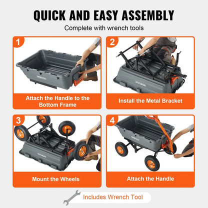 VEVOR Poly Garden Dump Cart with Easy to Assemble Steel Frame, 2-In-1 Convertible Handle, 13 Inch Tires, Max Capacity 1500 Lbs, Utility Wheelbarrow Productivity Yard