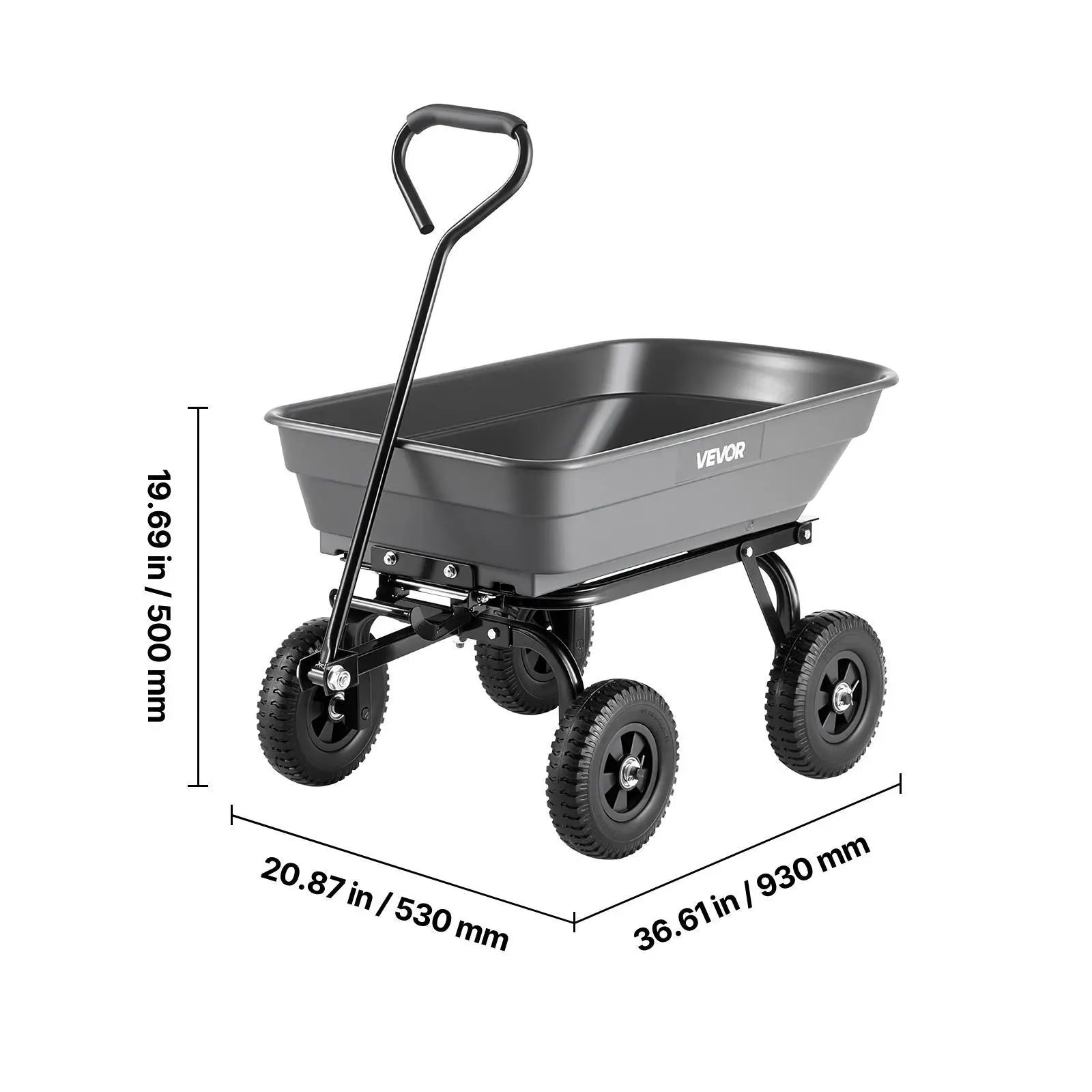 VEVOR Poly Garden Dump Cart with Easy to Assemble Steel Frame, 2-In-1 Convertible Handle, 13 Inch Tires, Max Capacity 1500 Lbs, Utility Wheelbarrow Productivity Yard