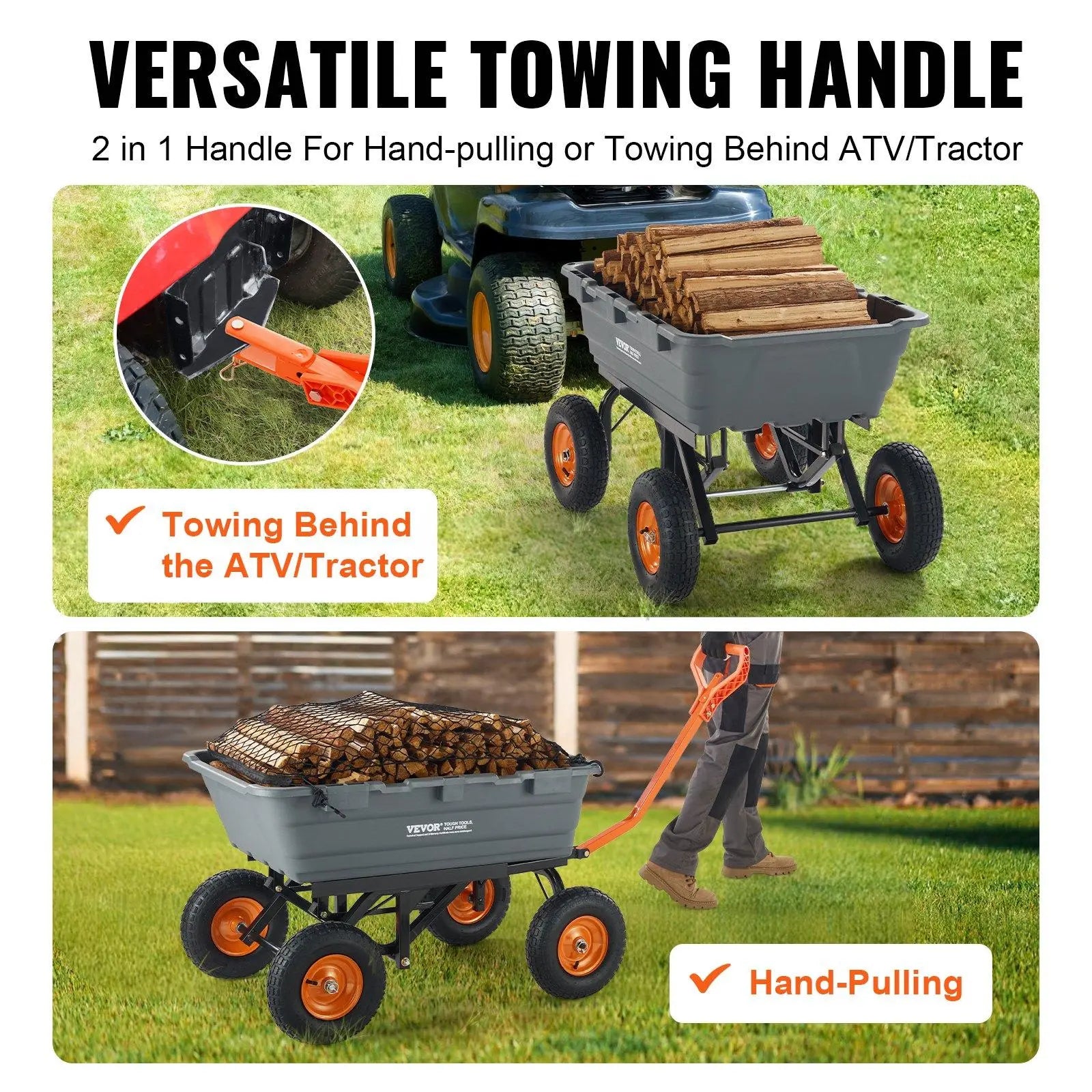 VEVOR Poly Garden Dump Cart with Easy to Assemble Steel Frame, 2-In-1 Convertible Handle, 13 Inch Tires, Max Capacity 1500 Lbs, Utility Wheelbarrow Productivity Yard
