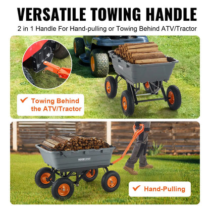 VEVOR Poly Garden Dump Cart with Easy to Assemble Steel Frame, 2-In-1 Convertible Handle, 13 Inch Tires, Max Capacity 1500 Lbs, Utility Wheelbarrow Productivity Yard