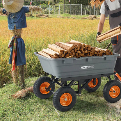 VEVOR Poly Garden Dump Cart with Easy to Assemble Steel Frame, 2-In-1 Convertible Handle, 13 Inch Tires, Max Capacity 1500 Lbs, Utility Wheelbarrow Productivity Yard
