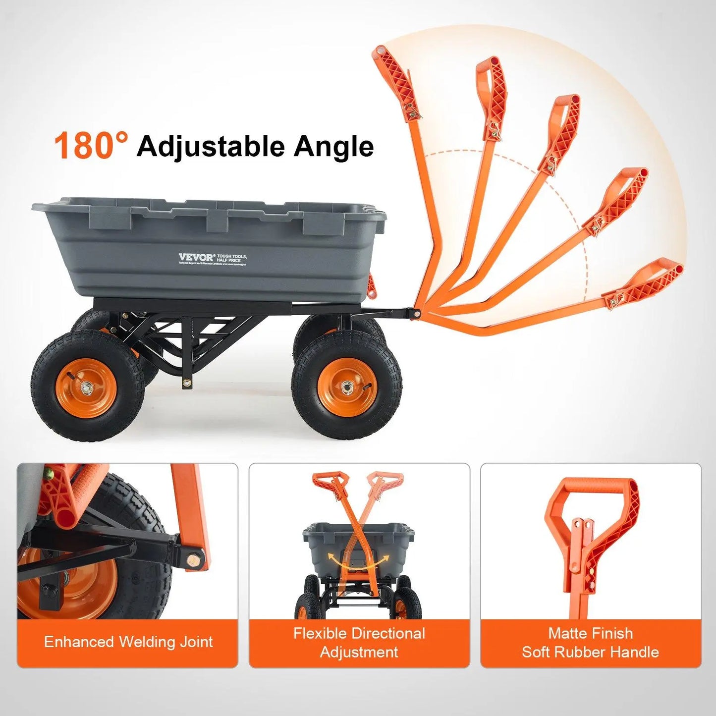 VEVOR Poly Garden Dump Cart with Easy to Assemble Steel Frame, 2-In-1 Convertible Handle, 13 Inch Tires, Max Capacity 1500 Lbs, Utility Wheelbarrow Productivity Yard