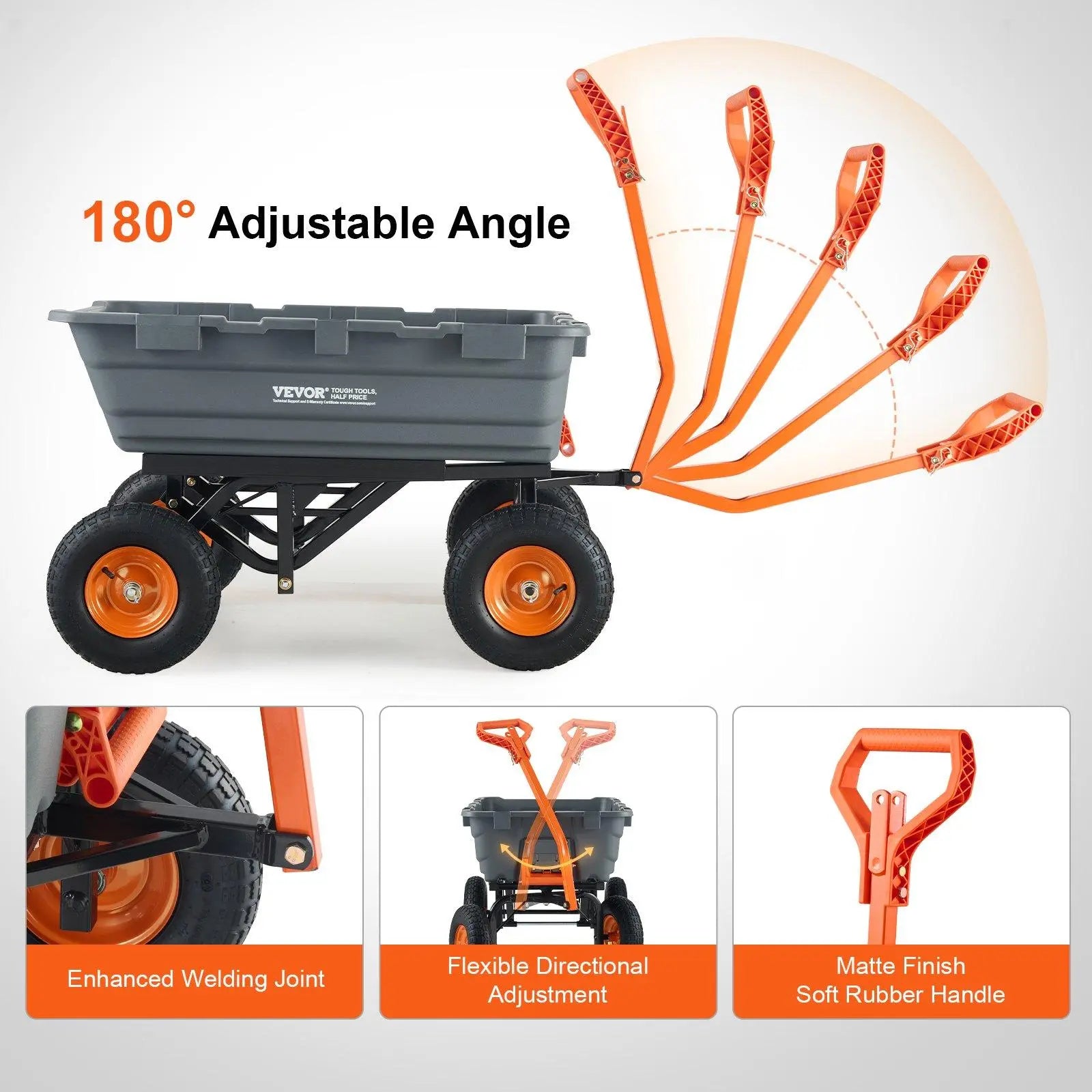 VEVOR Poly Garden Dump Cart with Easy to Assemble Steel Frame, 2-In-1 Convertible Handle, 13 Inch Tires, Max Capacity 1500 Lbs, Utility Wheelbarrow Productivity Yard